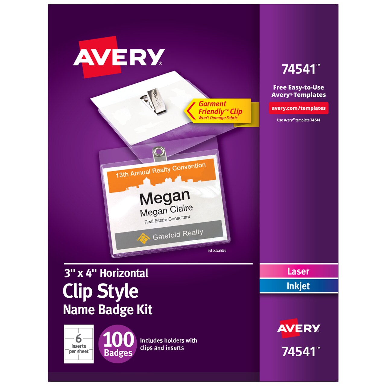 Avery Customizable Name Badges with Clips, 3" x 4", Clear Name Tag Holders with White Printable Inserts, 100 Clip Style Name Badges (74541)